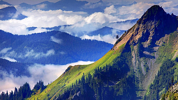 magnificent mountain view, clouds, forests, mountains, slope HD wallpaper
