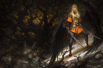 Angel, wings, kilart, black, art, blonde, fantasy, girl HD wallpaper