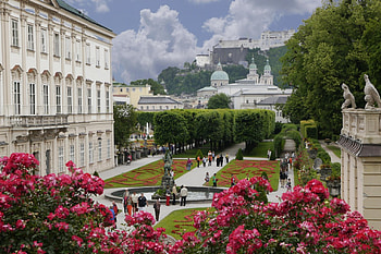 Mirabell Garden in Salzburg, Austria, buildingd, city, flowers, people, tree HD wallpaper