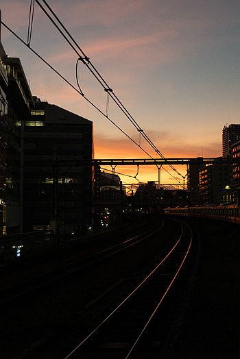 Twilight, City, Dark, Dusk, Railway, Rails HD phone wallpaper