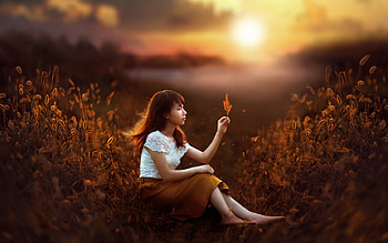 Sunset Girl, clouds, sky, nature, water, sun HD wallpaper