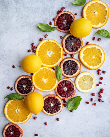 Fruits, Food, Lemon, Citrus, Lobules, Slices, Garnet, Pomegranate HD phone wallpaper