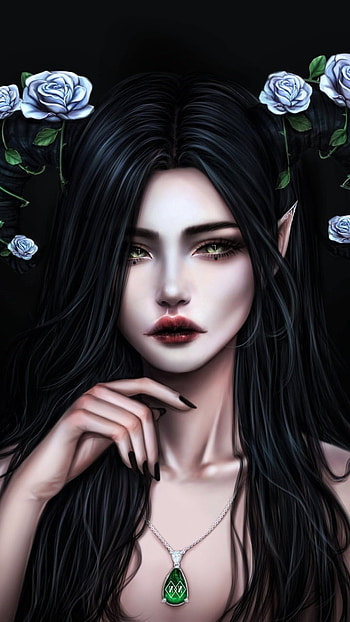 Gothic Fantasy Girl, rose, black hair, gothic, fantasy, elf HD phone wallpaper