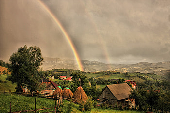 Landscape, Nature, Houses, Clouds, Rainbow HD wallpaper
