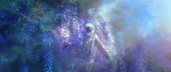 Trap, fantasy, flower, norino shi, cosmonaut, blue, art, summer, astronaut, purple, wisteria, vara HD wallpaper