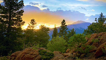 Long’s Peak from Taylor Mountain, Colorado, colors, trees, clouds, sky, sunset, usa HD wallpaper