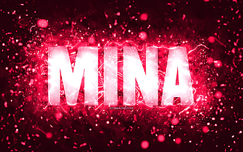 Happy Birtay Mina, , pink neon lights, Mina name, creative, Mina Happy Birtay, Mina Birtay, popular american female names, with Mina name, Mina HD wallpaper