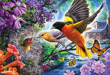 Orioles Feeding The Chick, butterflies, birds, digital, art, flowers, nest HD wallpaper