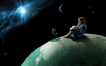 Space fantasy, blue, black, girl, star, planet, moon, flower, green, terra, space, child HD wallpaper