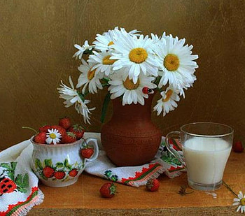 daisies and strawberries, still life, abstract, daisies, strawberries HD wallpaper