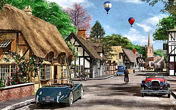 Hot Air Balloons 5, architecture, art, tudor, cityscape, artwork, scenery, wide screen, balloons, painting, thatched HD wallpaper