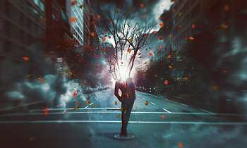 Art, City, Shine, Light, Wood, Tree, Foliage, Human, Person, Digital Art, Surrealism, Transience HD wallpaper
