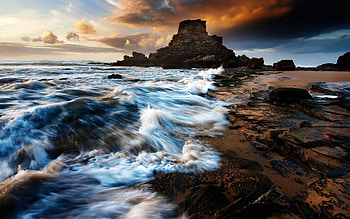 Ocean beach sunset, rocks, beach, clouds, nature, sky, amazing, sun, sunset, ocean HD wallpaper