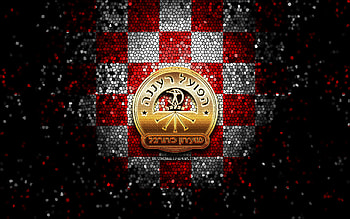 Hapoel Raanana FC, glitter logo, Ligat ha Al, red white checkered background, soccer, Israeli football club, Hapoel Raanana logo, mosaic art, football, Hapoel Raanana, Israel HD wallpaper