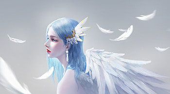 Angel, art, fantasy, chuanyeyuze, girl, blue, wings, white, frumusete, gorgeous, superb HD wallpaper