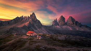 South Tyrol, Italy, clolors, sunset, tre cime di lavaredo, house, landscape, sky, rocks HD wallpaper