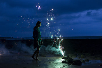 Woman, Fireworks, Night, Beach HD wallpaper