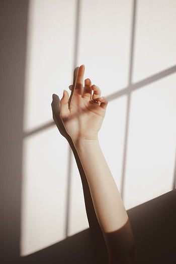 An artistic portrayal of a hand reaching into sunlight casting shadows on a wall. HD phone wallpaper