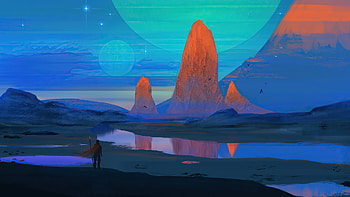 Person Looking At River Rocks Scifi Planets , scifi, artist, artwork, digital-art, planets, deviantart HD wallpaper