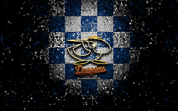 Chunichi Dragons, glitter logo, NPB, blue white checkered background, baseball, japanese baseball team, Chunichi Dragons logo, mosaic art, Nippon Professional Baseball HD wallpaper
