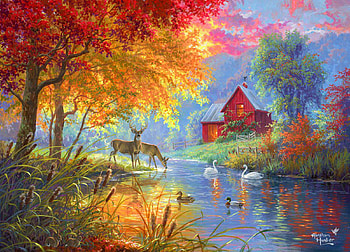 A New Season, river, barn, artwork, ducks, swans, painting, deer, trees, autumn HD wallpaper