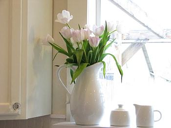 A sunny window, sunshine, sunny, white, window, tulips, spring, green, nature, flowers, soft pink, forever HD wallpaper
