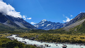 Mt Cook, New Zealand, river, landscape, trees, sky, forest HD wallpaper