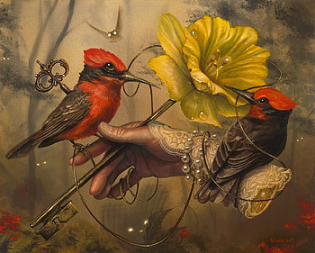 Key, frumusete, bird, art, bracelet, surreal, hand, greg simkins, fantasy, flower, pearl, yellow, red, luminos, pasari HD wallpaper