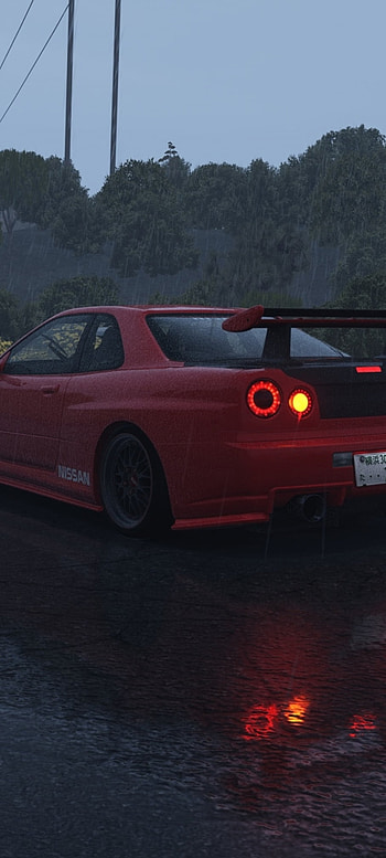 Nissan Skyline R34 GTR, automotive lighting, red, rain, skyline gtr, assetto corsa, mbd_design HD phone wallpaper