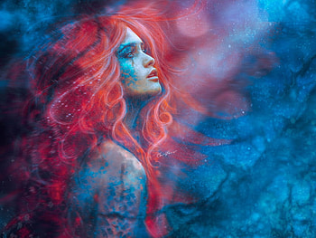 Destiny, blue, fantasy, red, girl, luminos, clair0bscur HD wallpaper