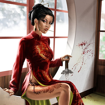 Red Assassin, style, ninja, tattoo, digital art, grace, dress, beauty, cg, female, sexy, sword, hot, girl, action, fantasy, pretty, red, assassin HD wallpaper