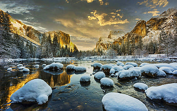 Yosemite Valley, snow, clouds, landscape, sky, rocks, mountains, river, california, morning, usa, sunrise HD wallpaper