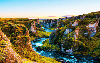 A mystical canyon named Fjadrargljufur in Iceland, landscape, rocks, sunrise, stream, sky HD wallpaper