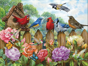 Morning Serenade, blossoms, fence, birds, painting, garden, flowers HD wallpaper