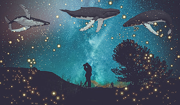 Fantasy, couple, hug, whale, fishes, digital art HD wallpaper