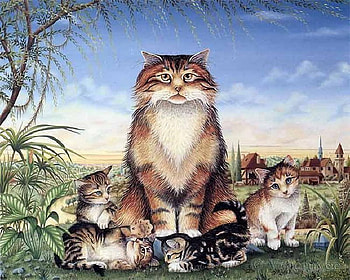 Mom and us, kitten, painting, art, mom, mother, cat, pet HD wallpaper