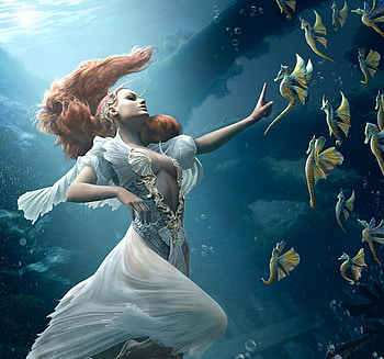Goddess of aqua spirits by David Gaillet, blue, david gaillet, goddess, water, vara, ocean, sea, frumusete, gorgeous, girl, summer, superb, fantasy, seahorse, redhead, funny, luminos HD wallpaper