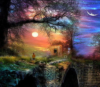 Fantasy Landscape, night, stairs, canal, loghut fragments, moon, sun, sunset, tree HD wallpaper