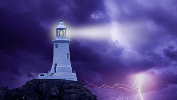 Lighthouse and Thunder, sea, light, coast, flashlight, clouds, reflections HD wallpaper