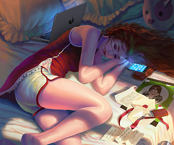 Sleeping girl, tablet, fantasy, art, laptop, luminos, redhead, iqnatius budi, sleep HD wallpaper
