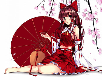 Blossom, umbrella, floral, long hair, nice, petals, flower, cherry blossom, female, sweet, white, ribbon, hakurei reimu, girl, sake, anime girl, pink, anime, pretty, sakura, red, brown hair, touhou, sakura blossom, reimu, lovely, drink HD wallpaper