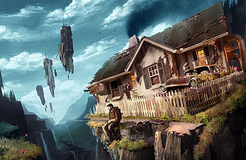 Fantasy, Car, Break, Precipice, House, Machine, Fisherman, Weightlessness HD wallpaper