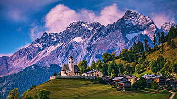 Colle Santa Lucia, Dolomites, Italy, church, alps, village, clouds, south tyrol, sky HD wallpaper
