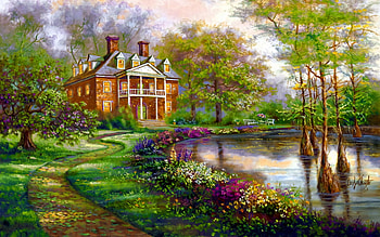 Artistic, Painting, Cottage, Flower, Manor Pond, Mansion, Tree HD wallpaper