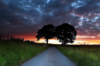 Sunset, landscape, colors, grass, fence, clouds, trees, road, sky, storm HD wallpaper