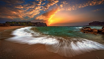 Beach Sunset, clouds, sky, nature, rocks, sunset, beach HD wallpaper
