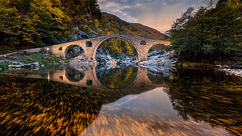 Devil's Bridge, Arda River, The Rhodope mountains, Bulgaria, clouds, sky, water, reflections, trees HD wallpaper