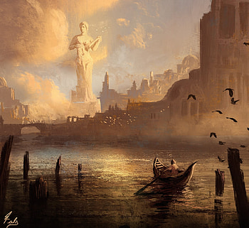 Shining goddess, boat, golden, fantasy, luminos, joseph feely, goddess, water, silhouette HD wallpaper