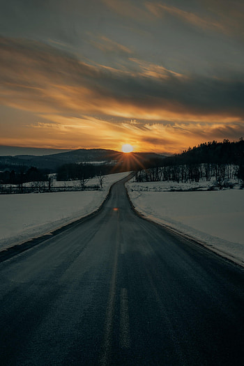 Sunset, Winter, Nature, Snow, Road HD phone wallpaper