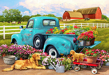 Flower Truck, meadows, barn, painting, car, fence, dogs, countryside HD wallpaper